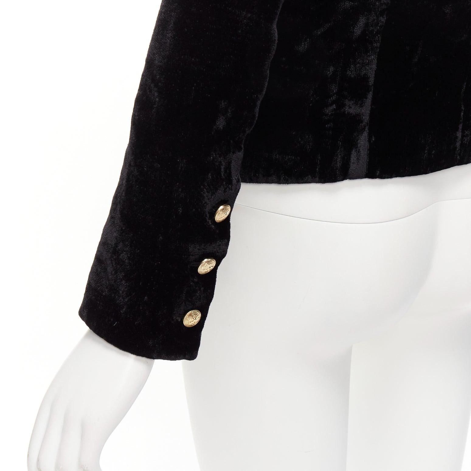 BALMAIN black velvet gold eagle buttons shoulder pads fitted blazer FR36 S For Sale 3