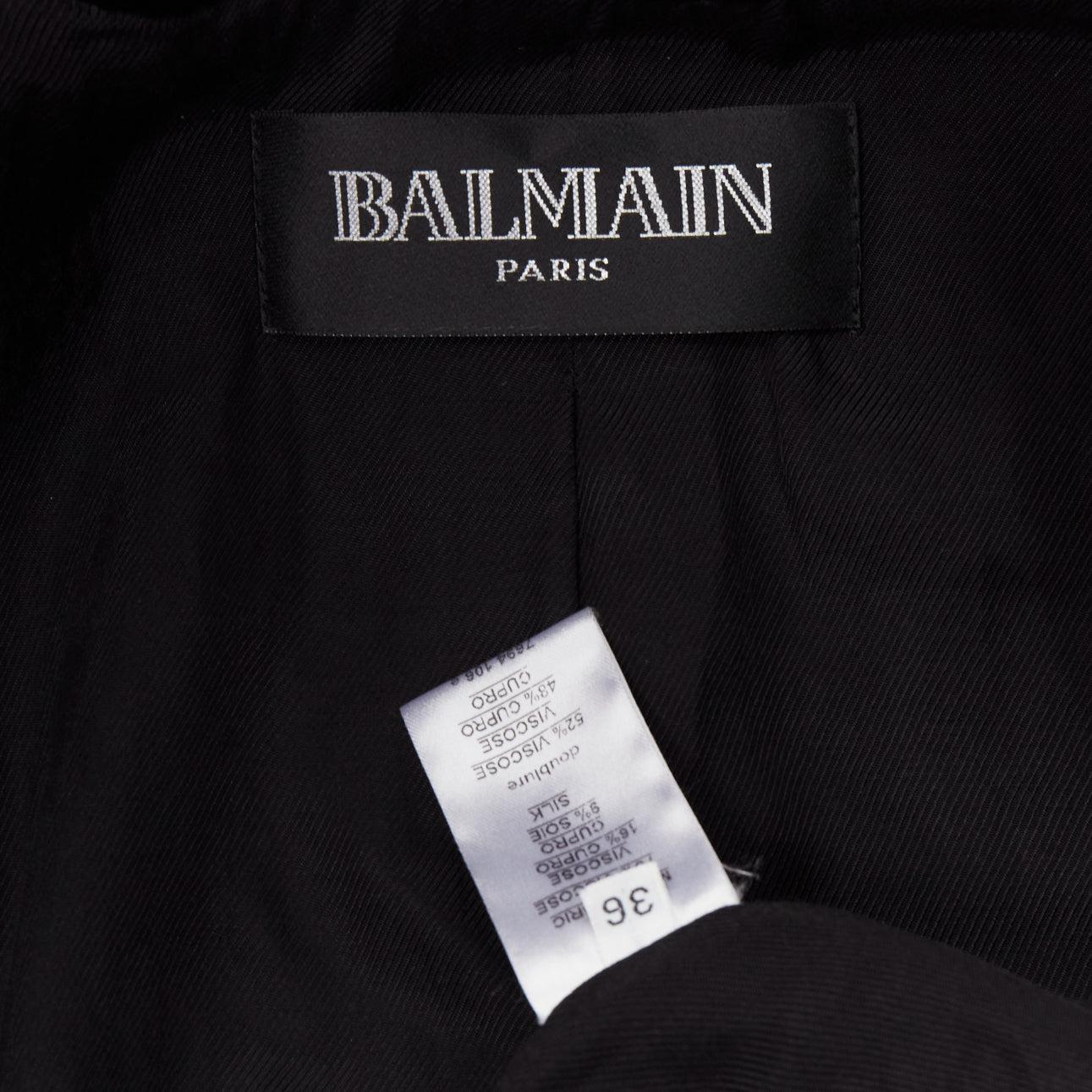 BALMAIN black velvet gold eagle buttons shoulder pads fitted blazer FR36 S For Sale 4