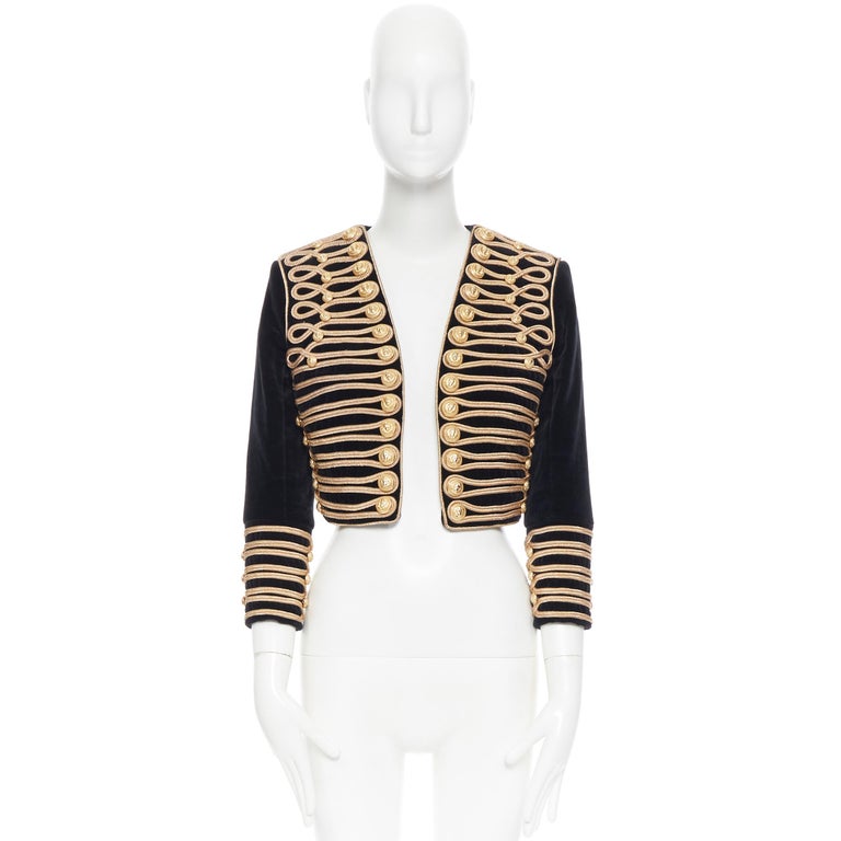 BALMAIN black velvet gold rope embroidery lion button military cropped  jacket S at 1stDibs