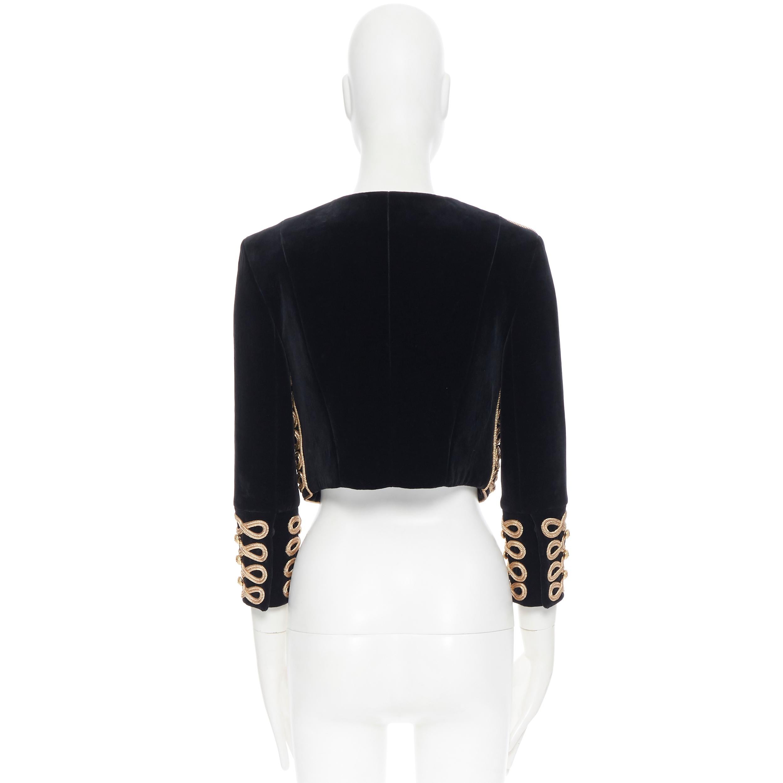Black BALMAIN black velvet gold rope embroidery lion button military cropped jacket S