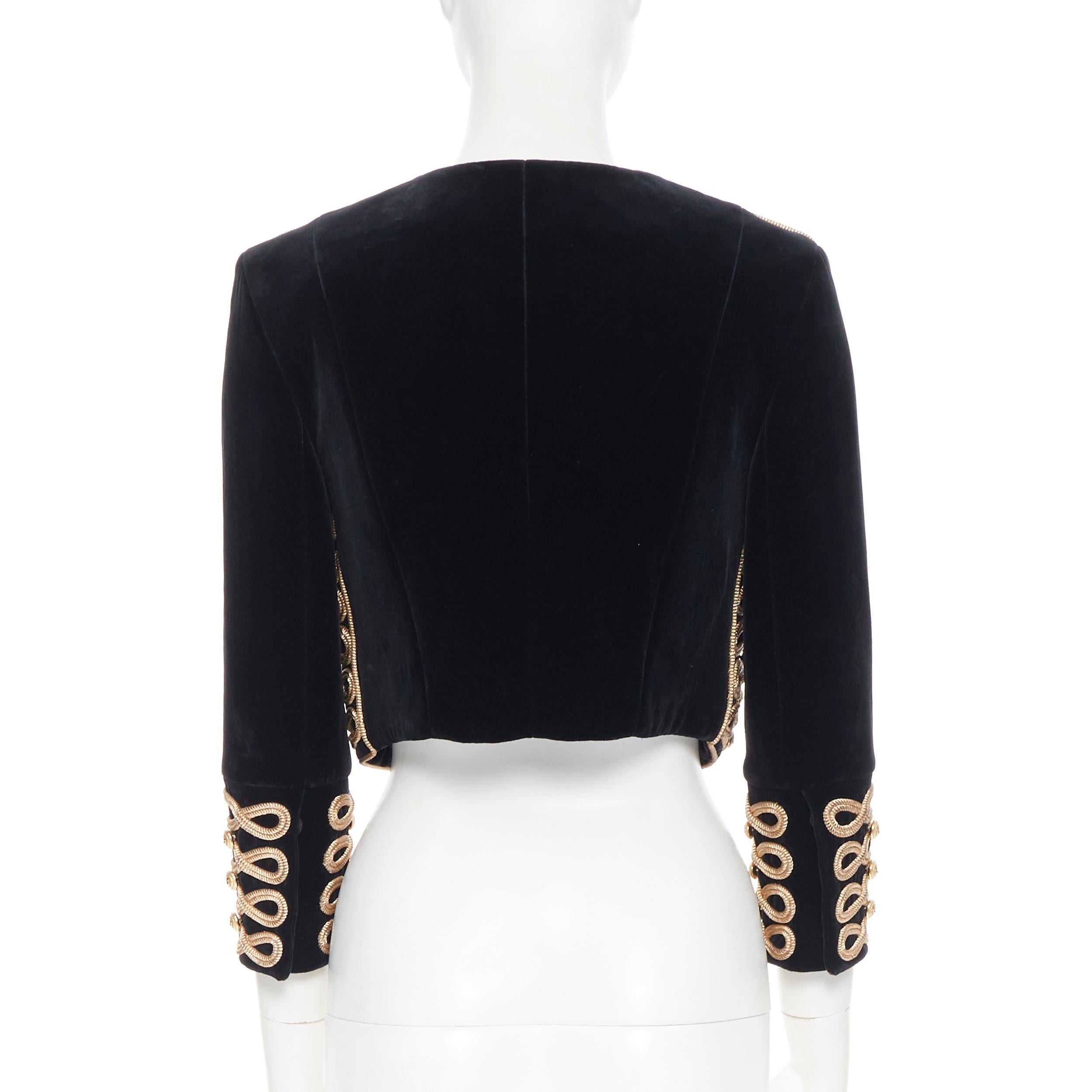 BALMAIN black velvet gold rope embroidery lion button military cropped jacket S In Good Condition In Hong Kong, NT