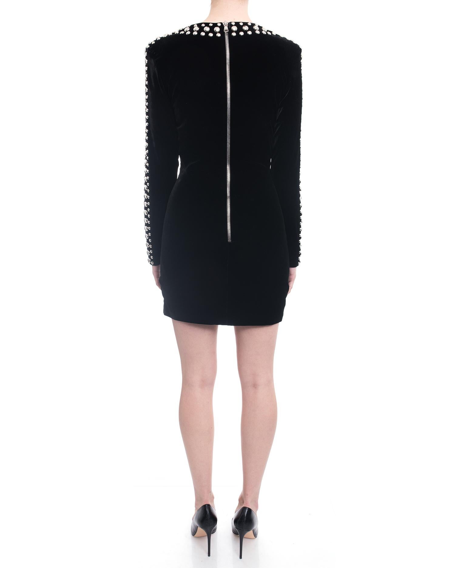 Balmain Black Velvet Stretch Mini Dress with Silver Studs - 10 2