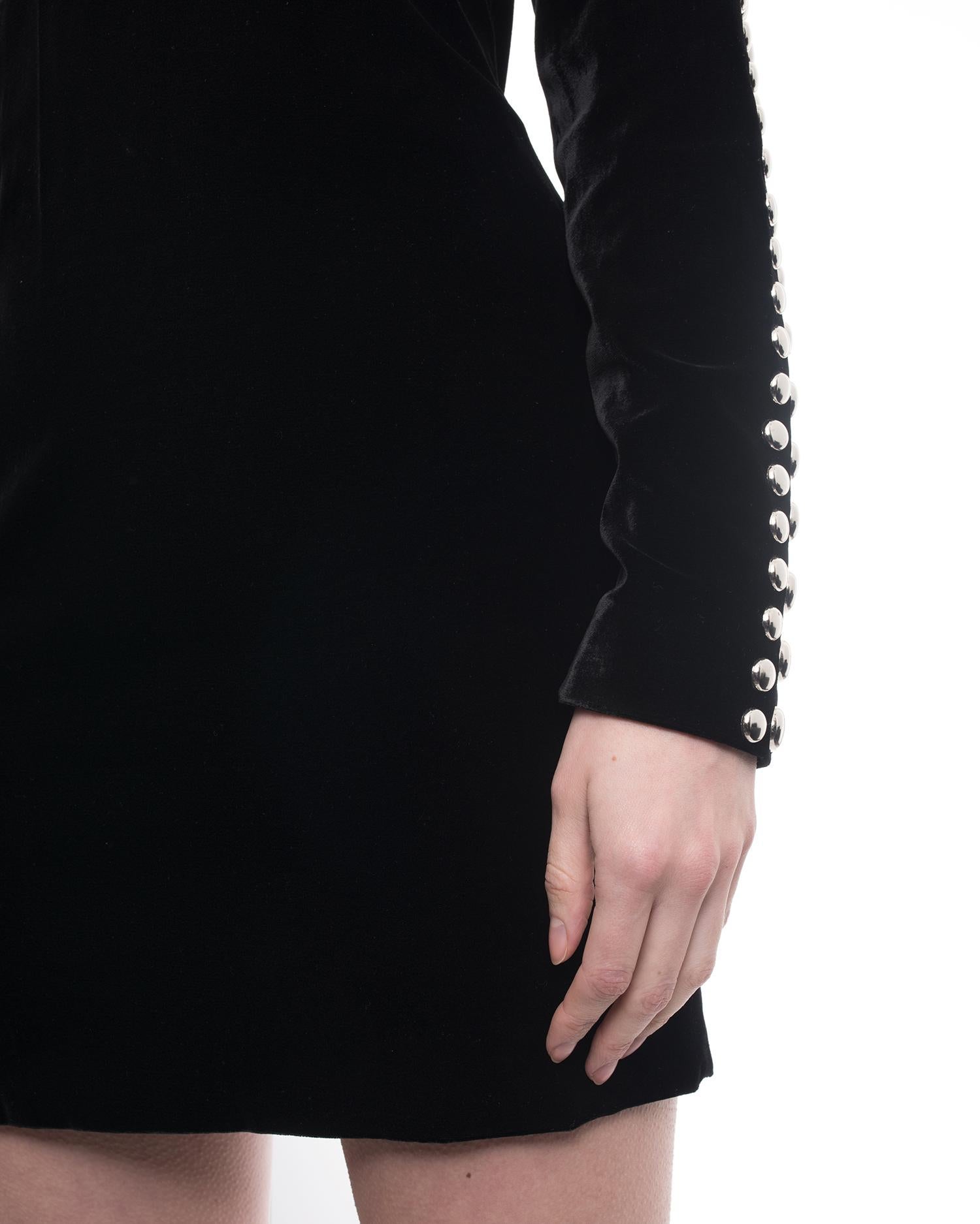 Balmain Black Velvet Stretch Mini Dress with Silver Studs - 10 4