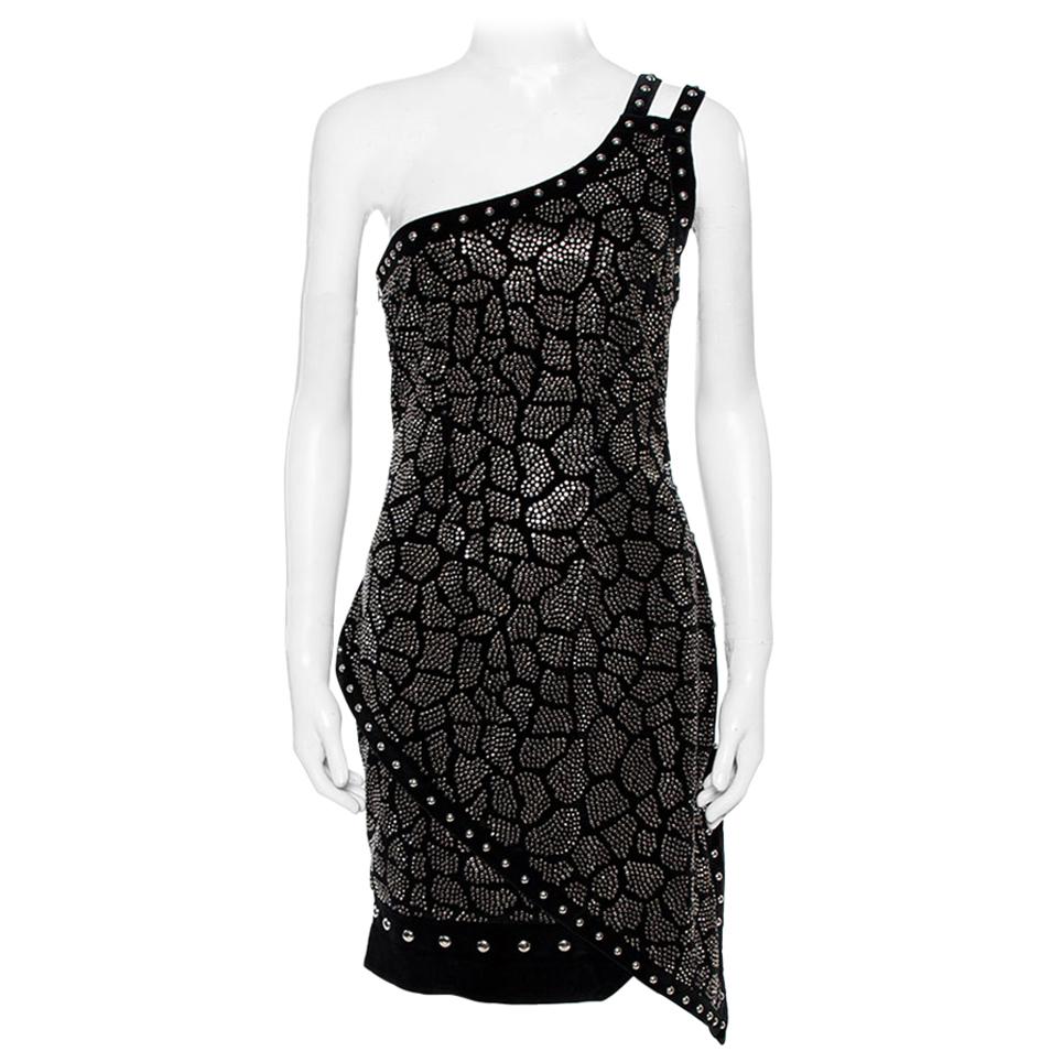 Balmain Black Velvet Stud Embellished One Shoulder Mini Dress L