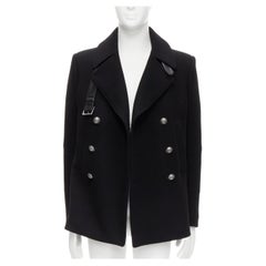 BALMAIN black virgin wool military leather collar belt double breasted coat S