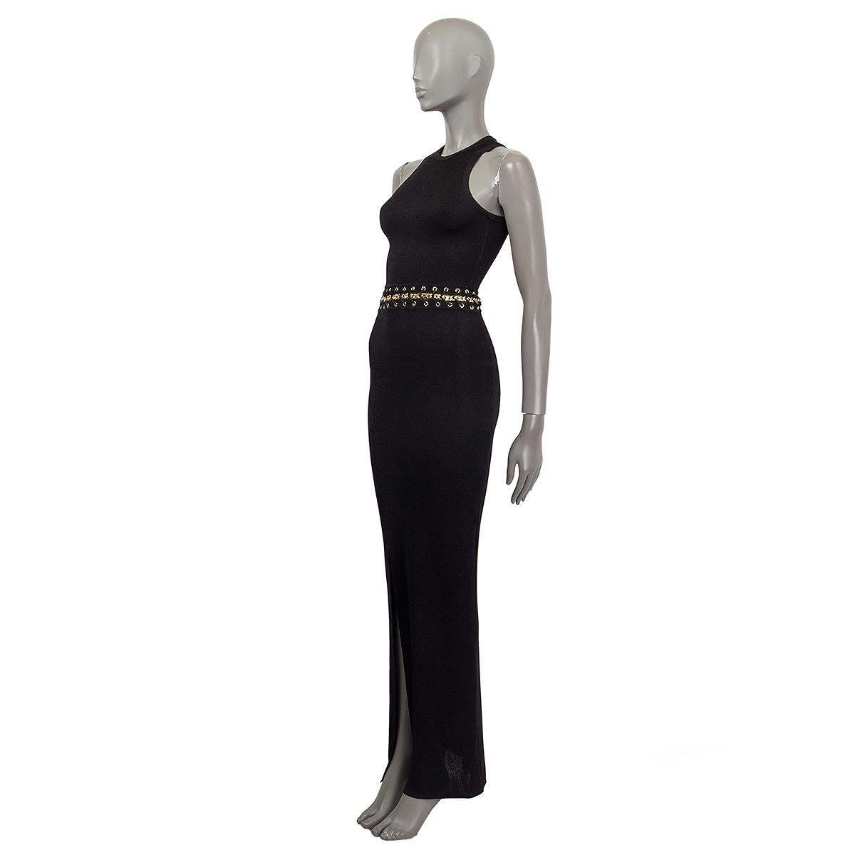 100% authentic Balmain sleeveless stretch knit maxi dress in black viscose (90%), polyamide (9%) and elastane (1%) Has a gold-tone chain and lace-up detail on the waist, high slit on the front. Opens with  zipper in the back. Unlined. Has been worn
