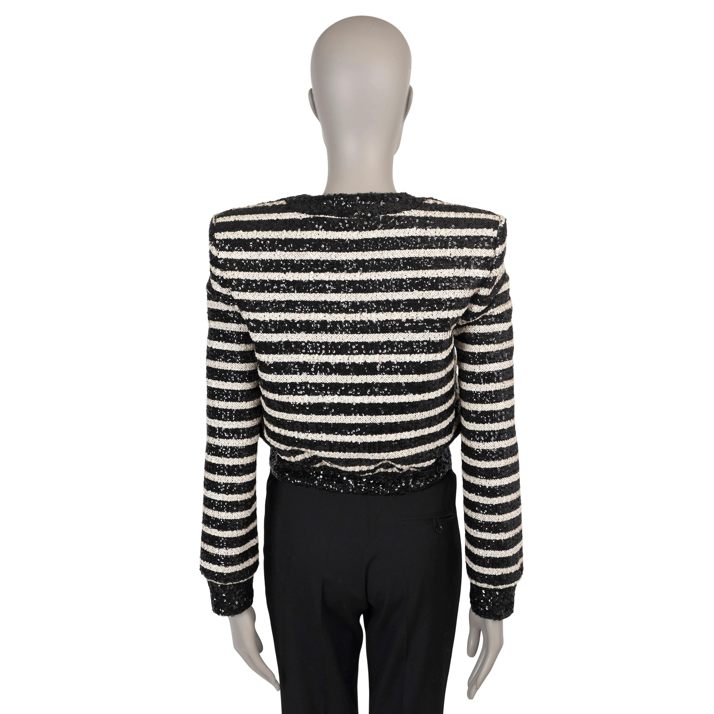 Black BALMAIN black white 2024 STRIPED SEQUIN CROPPED Jacket 36 XS For Sale