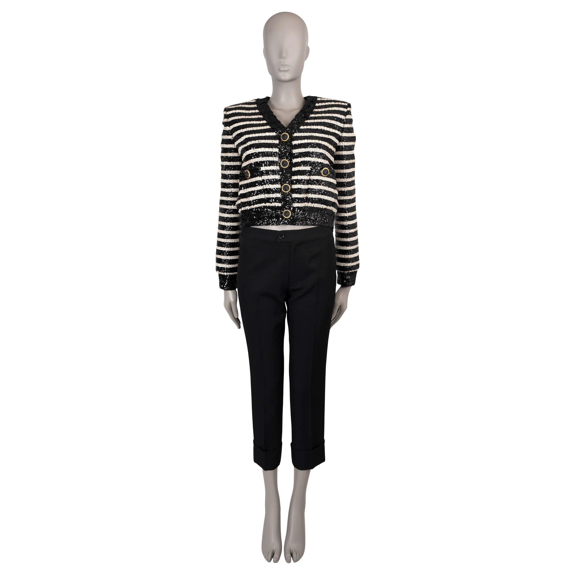 BALMAIN black white 2024 STRIPED SEQUIN CROPPED Jacket 36 XS In New Condition For Sale In Zürich, CH