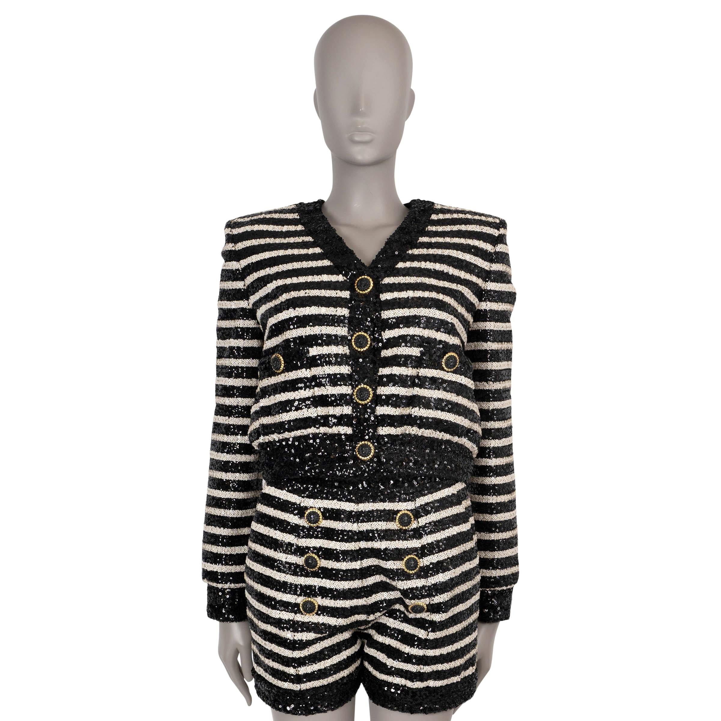 BALMAIN black white 2024 STRIPED SEQUIN CROPPED Jacket 36 XS For Sale 2