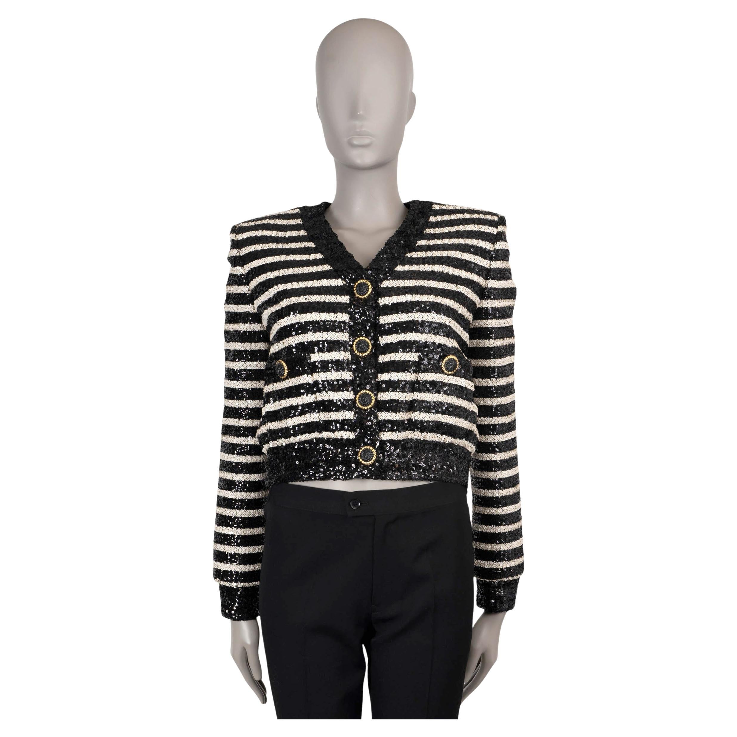 BALMAIN black white 2024 STRIPED SEQUIN CROPPED Jacket 36 XS For Sale