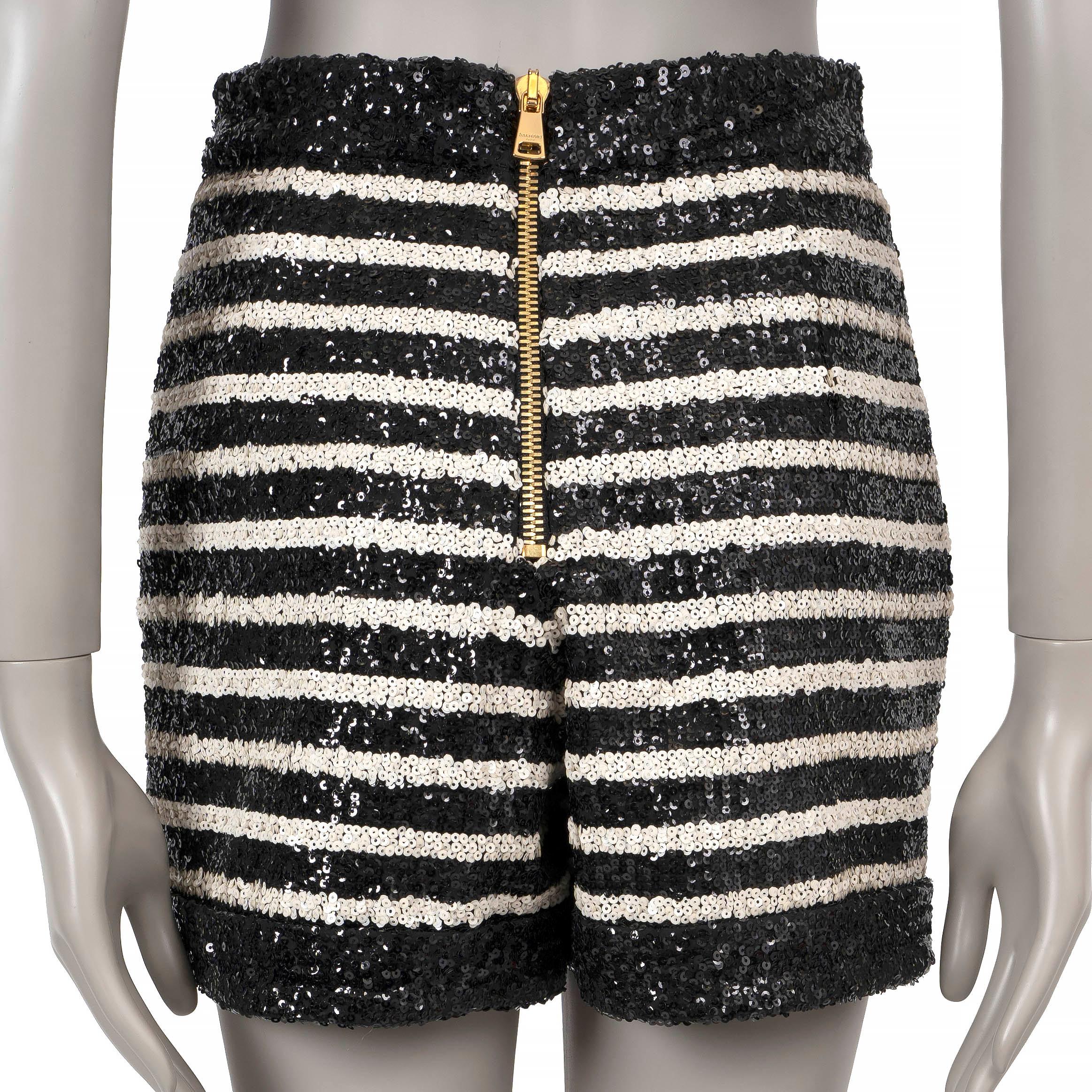 Black BALMAIN black & white 2024 STRIPED SEQUIN Shorts Pants 36 XS For Sale