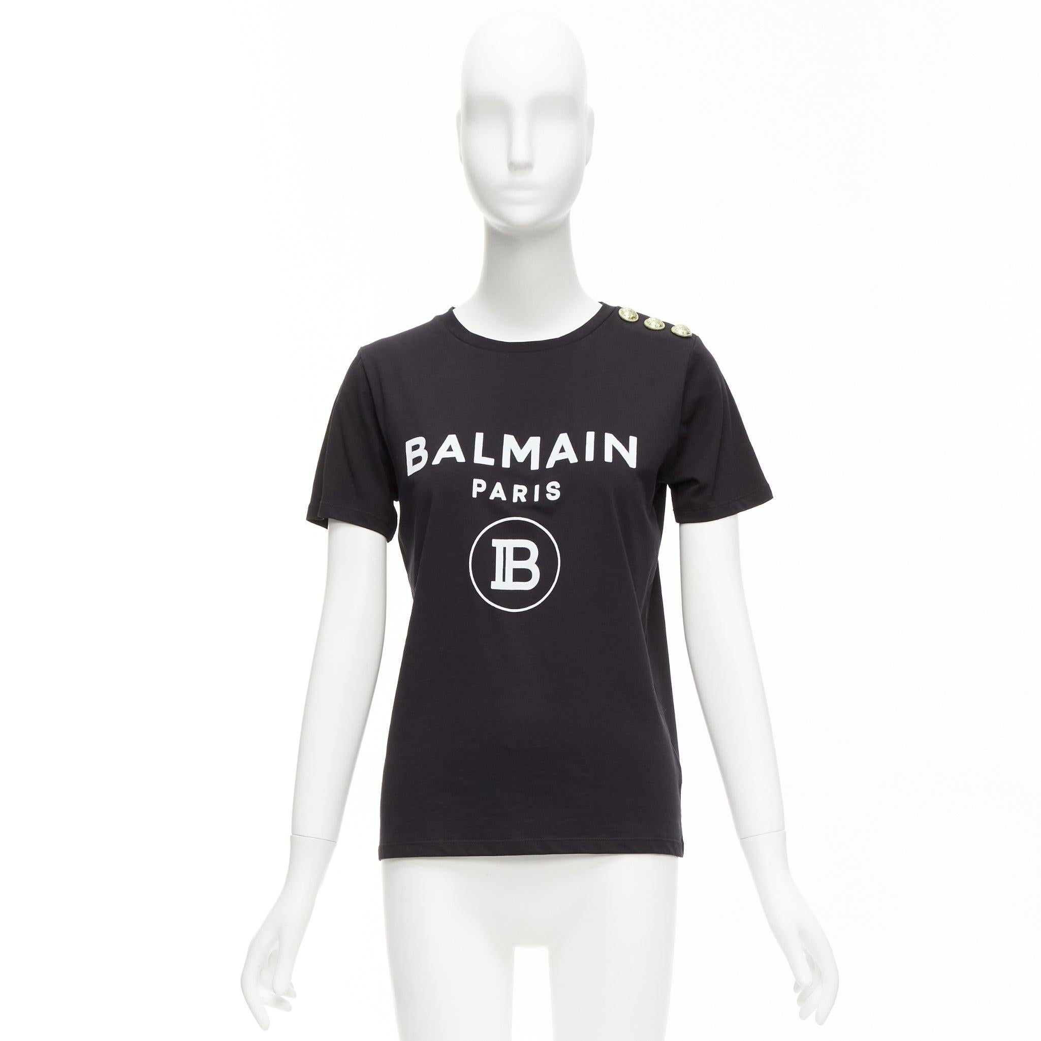 BALMAIN black white B logo gold military buttons tshirt FR34 XXS For Sale 4