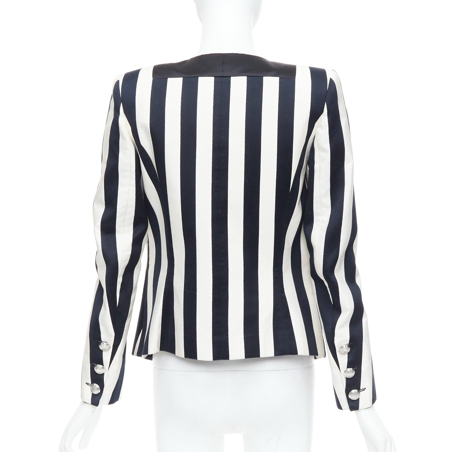 Women's BALMAIN black white cotton blend bold striped power shoulder blazer FR38 M For Sale