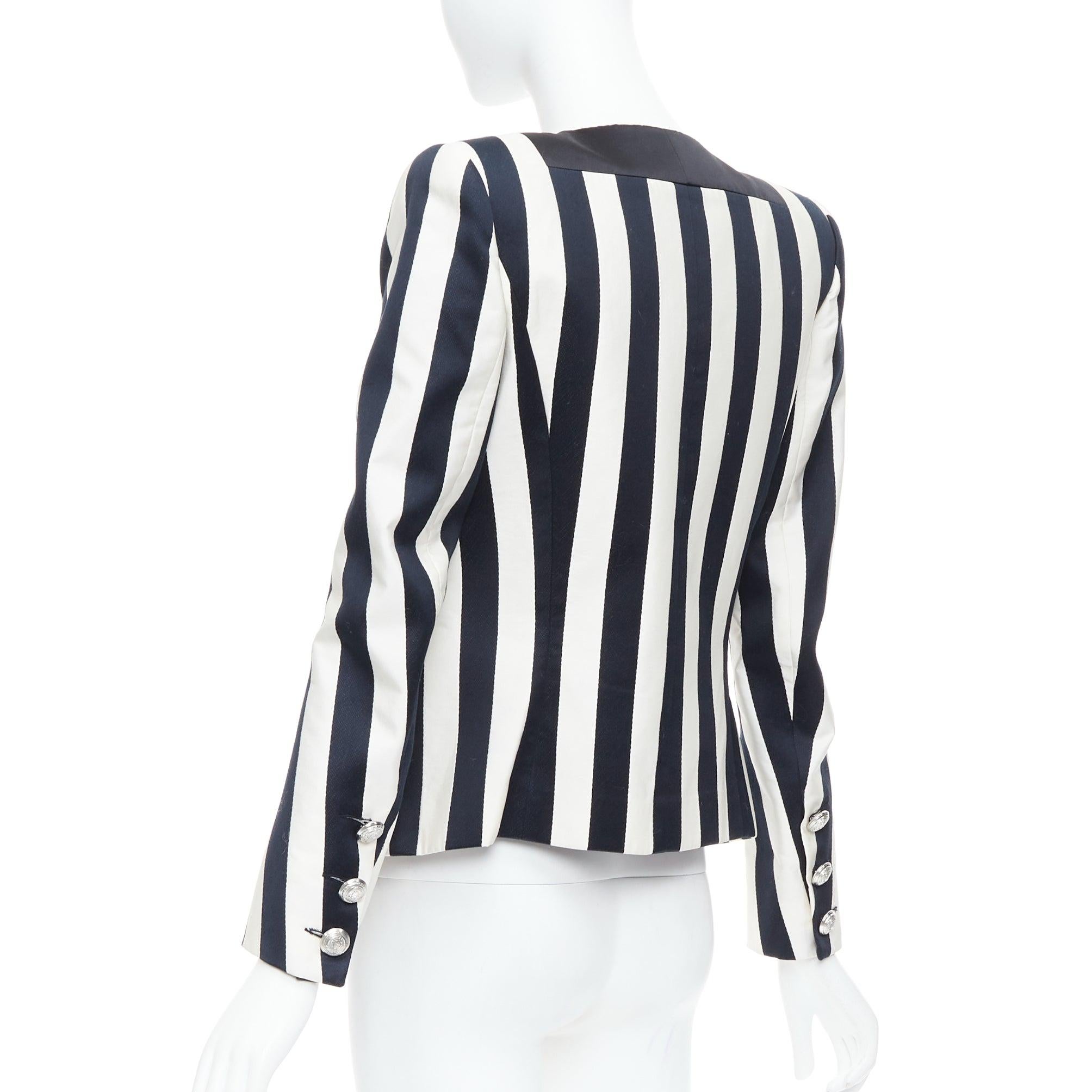 BALMAIN black white cotton blend bold striped power shoulder blazer FR38 M For Sale 1