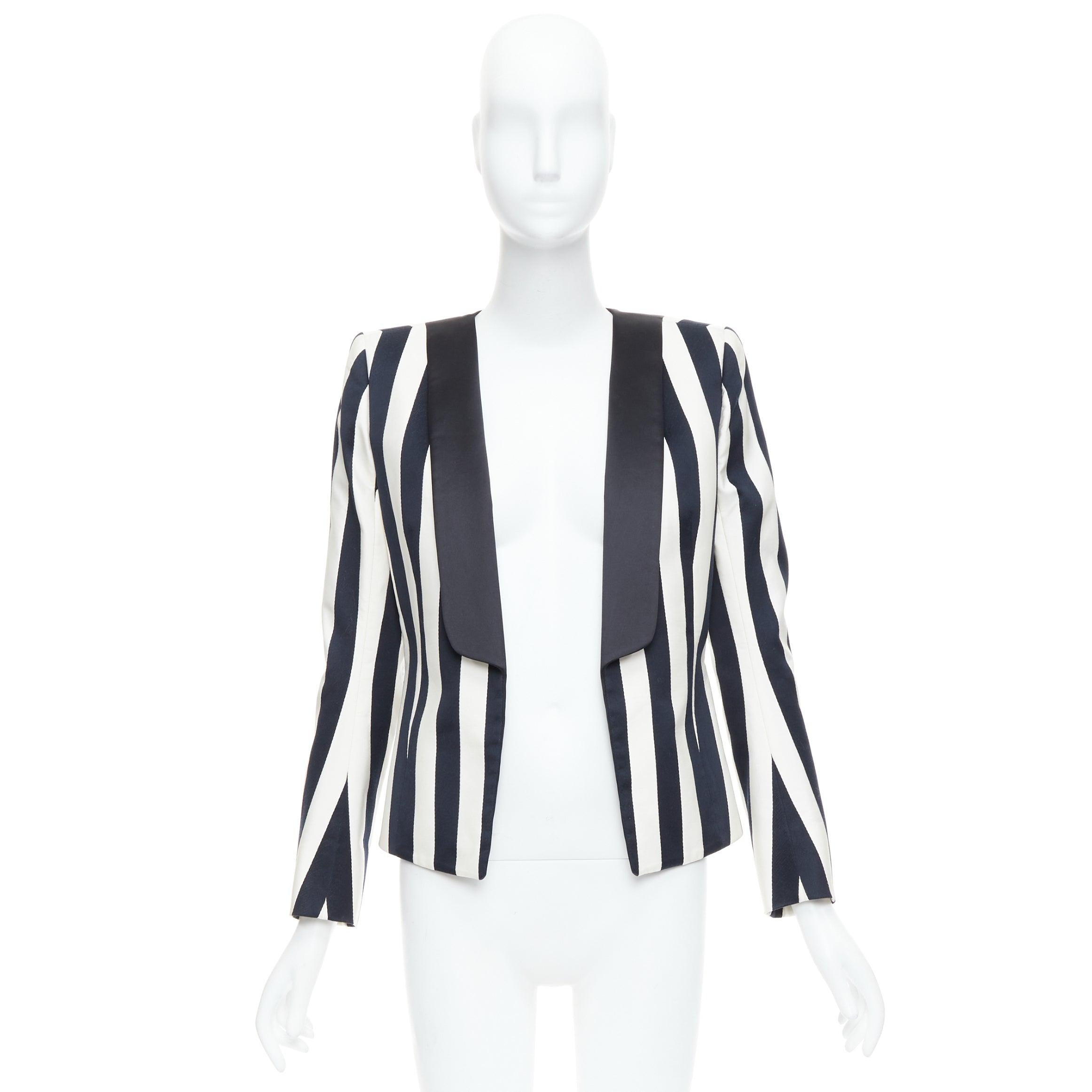 BALMAIN black white cotton blend bold striped power shoulder blazer FR38 M For Sale 4