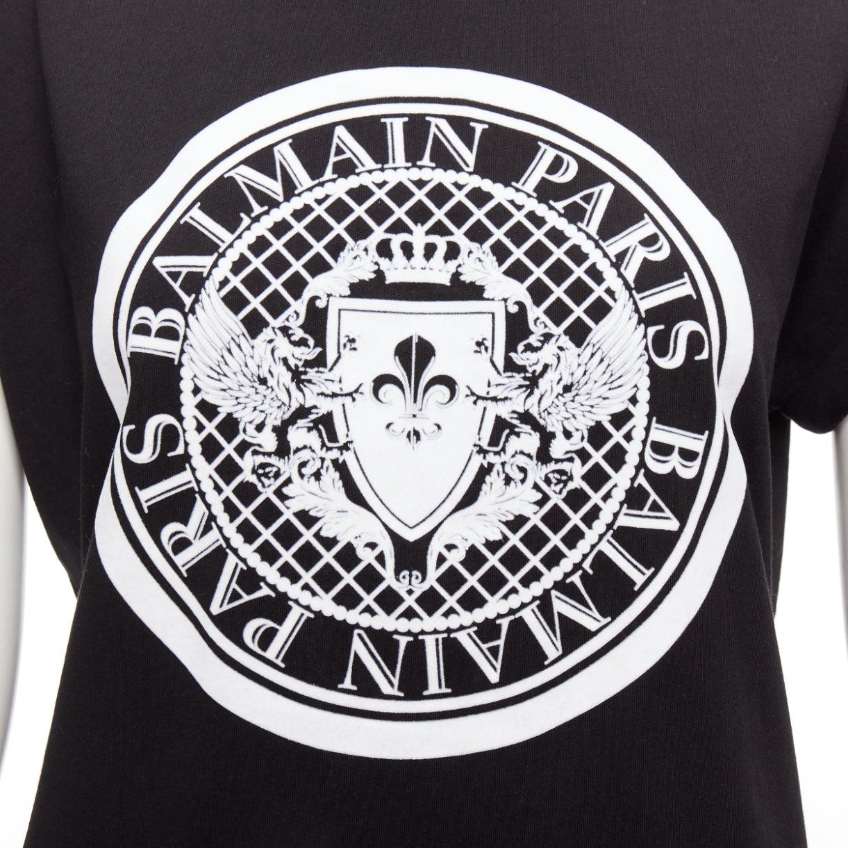 BALMAIN black white cotton crest logo crew neck cap sleeves tshirt FR34 XS For Sale 3