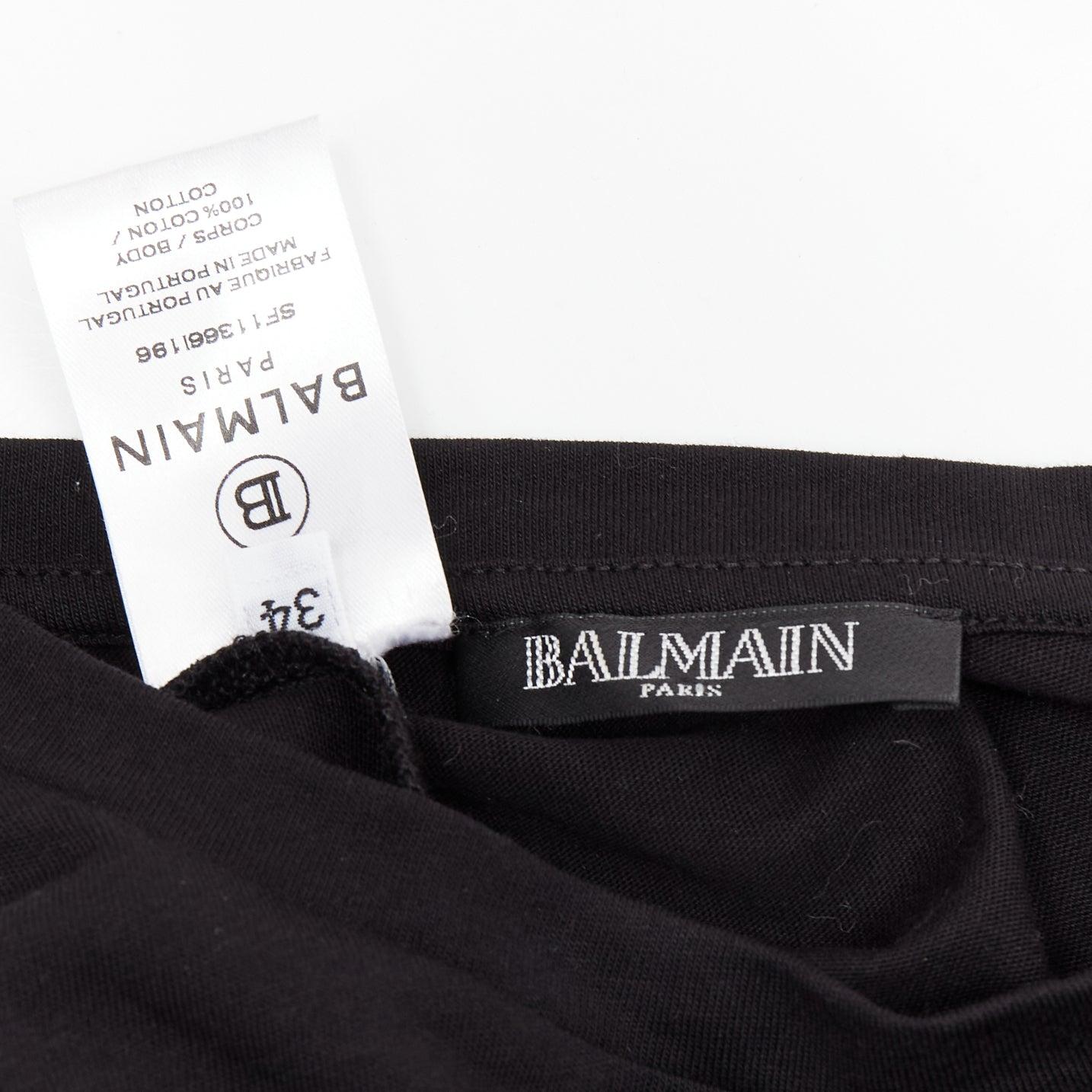 BALMAIN black white cotton crest logo crew neck cap sleeves tshirt FR34 XS For Sale 4