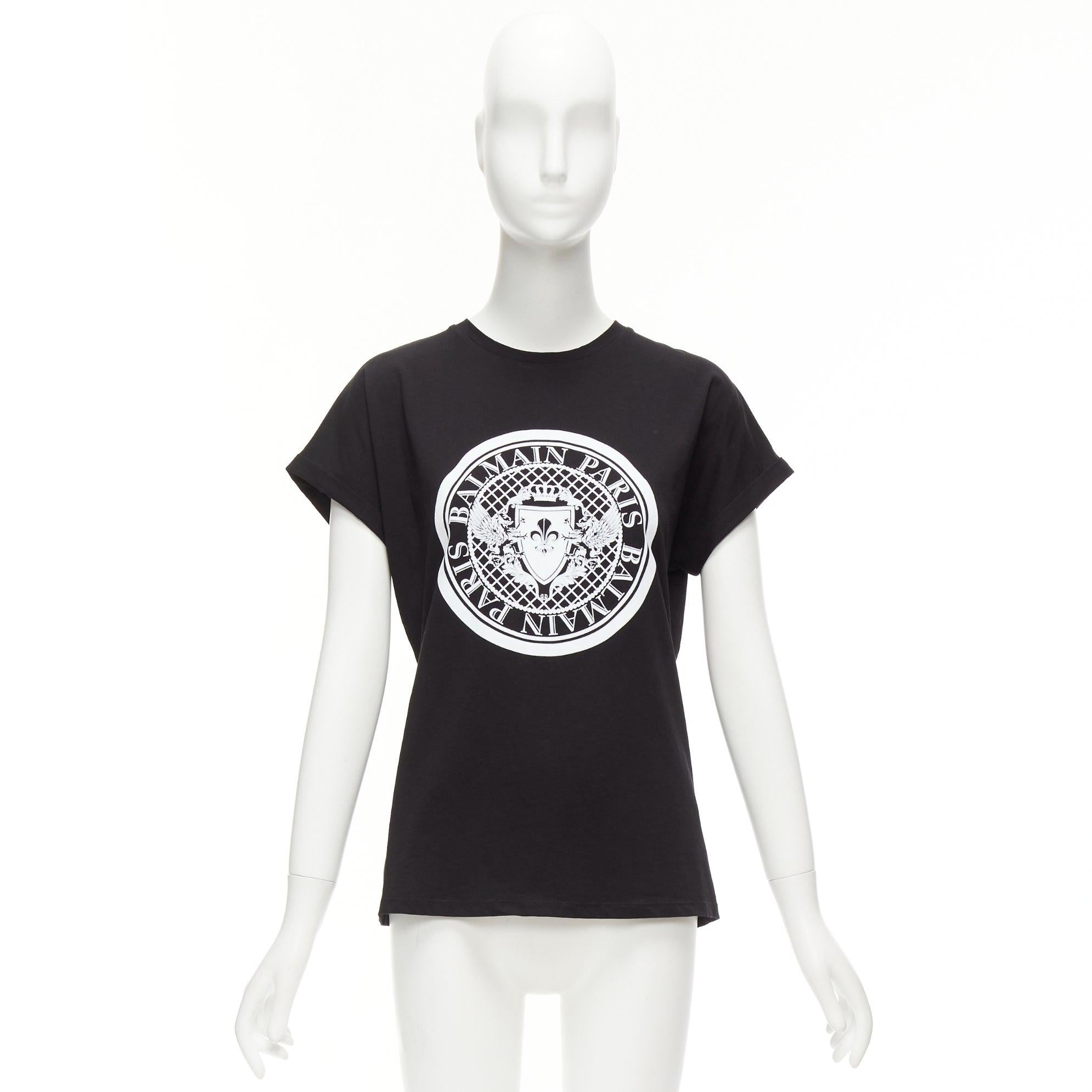 BALMAIN black white cotton crest logo crew neck cap sleeves tshirt FR34 XS For Sale 5