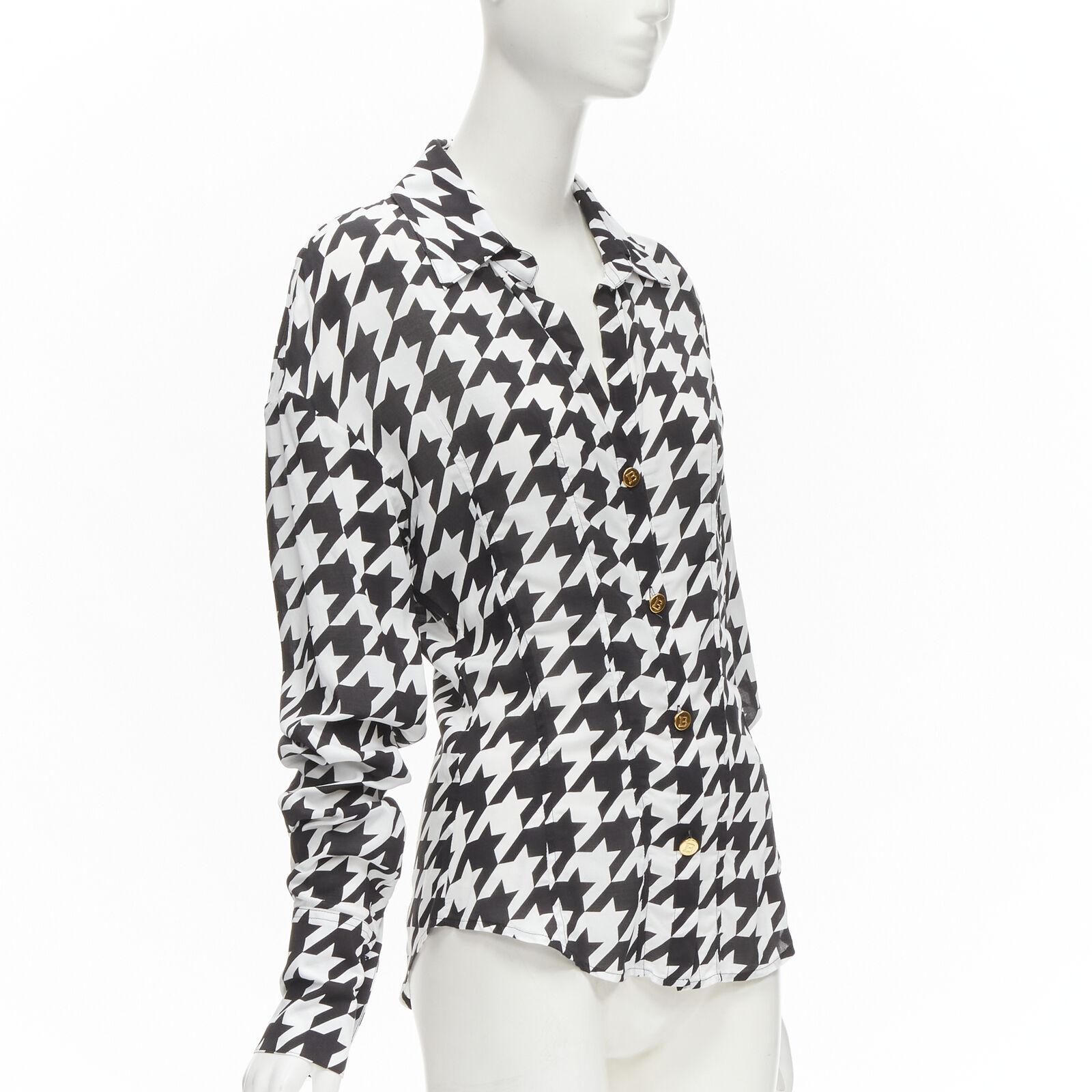 Gray BALMAIN  black white houndstooth viscose gold B button long sleeve blouse FR38 S For Sale