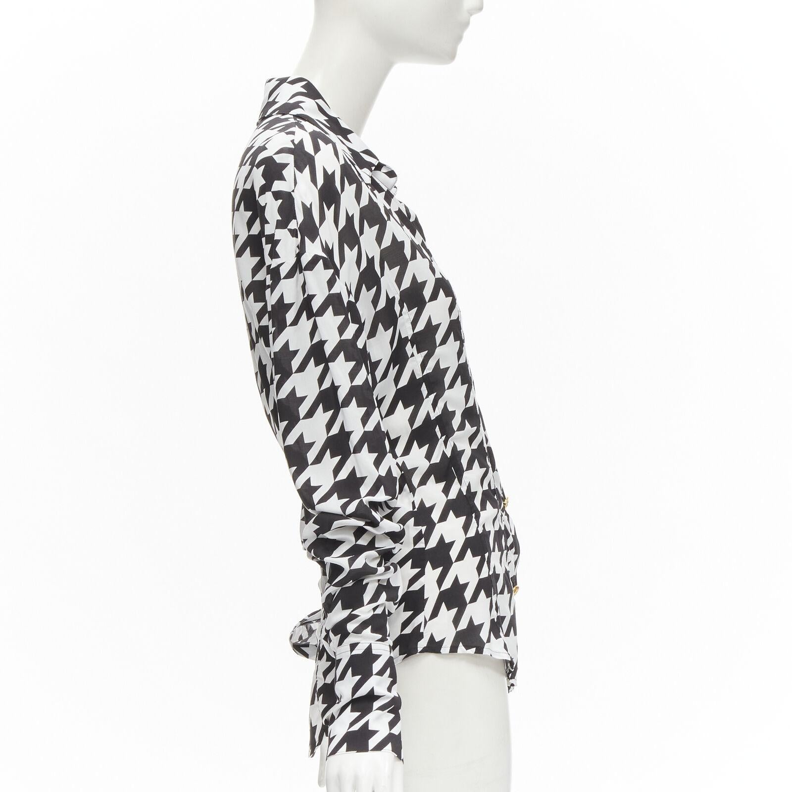 BALMAIN  black white houndstooth viscose gold B button long sleeve blouse FR38 S In Excellent Condition For Sale In Hong Kong, NT