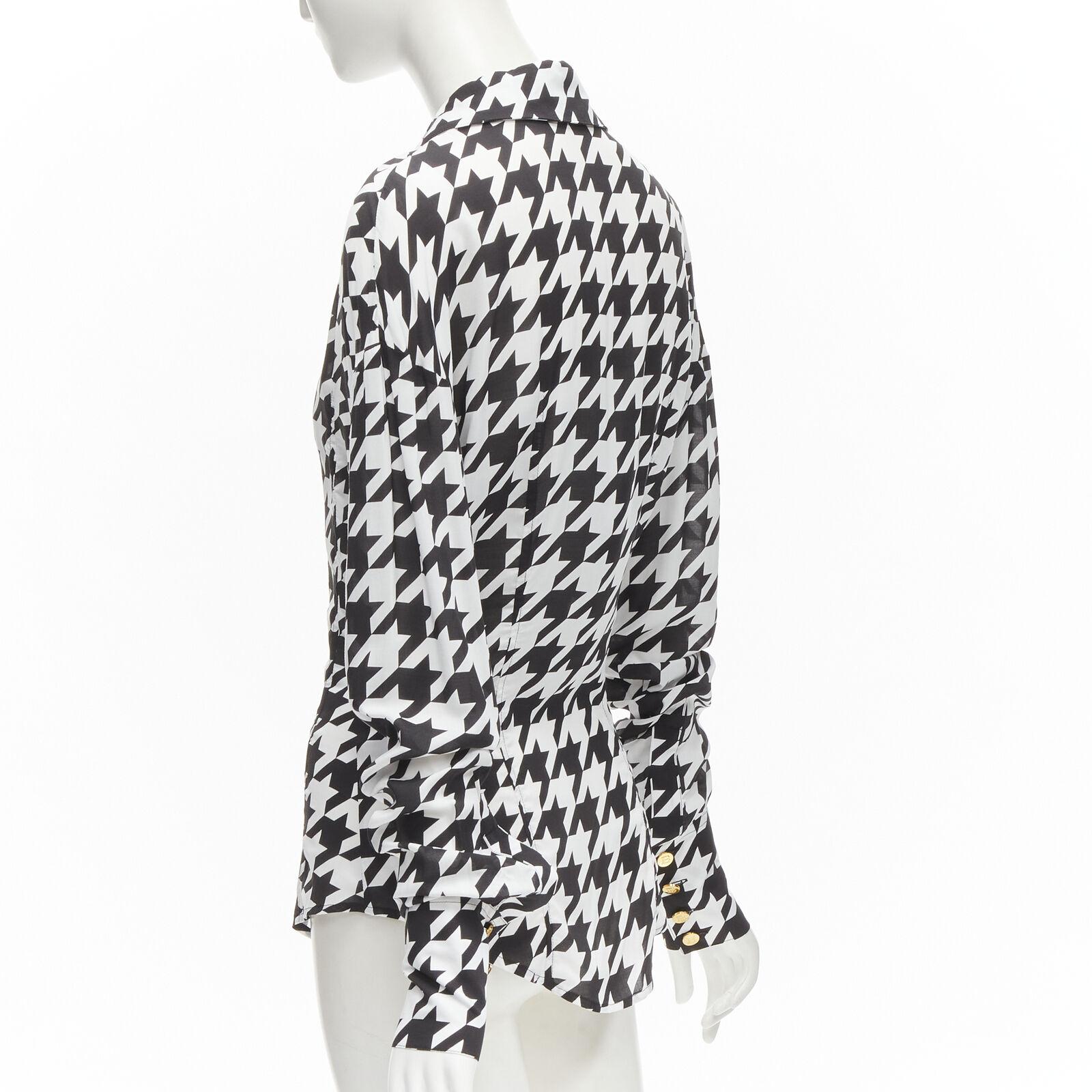 BALMAIN  black white houndstooth viscose gold B button long sleeve blouse FR38 S For Sale 1
