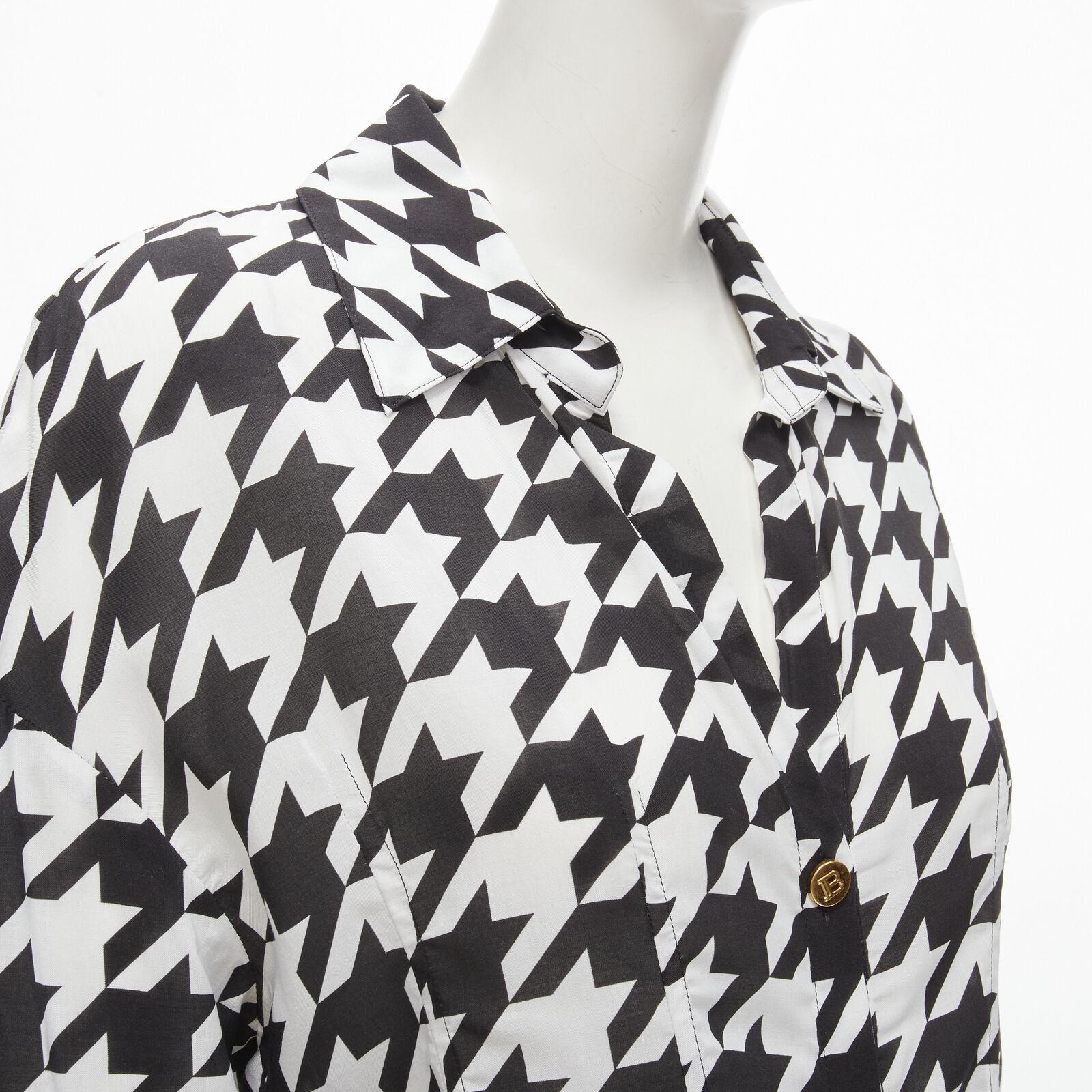 BALMAIN  black white houndstooth viscose gold B button long sleeve blouse FR38 S For Sale 2