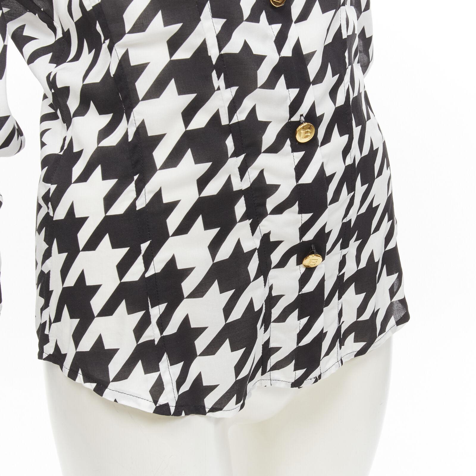 BALMAIN  black white houndstooth viscose gold B button long sleeve blouse FR38 S For Sale 3