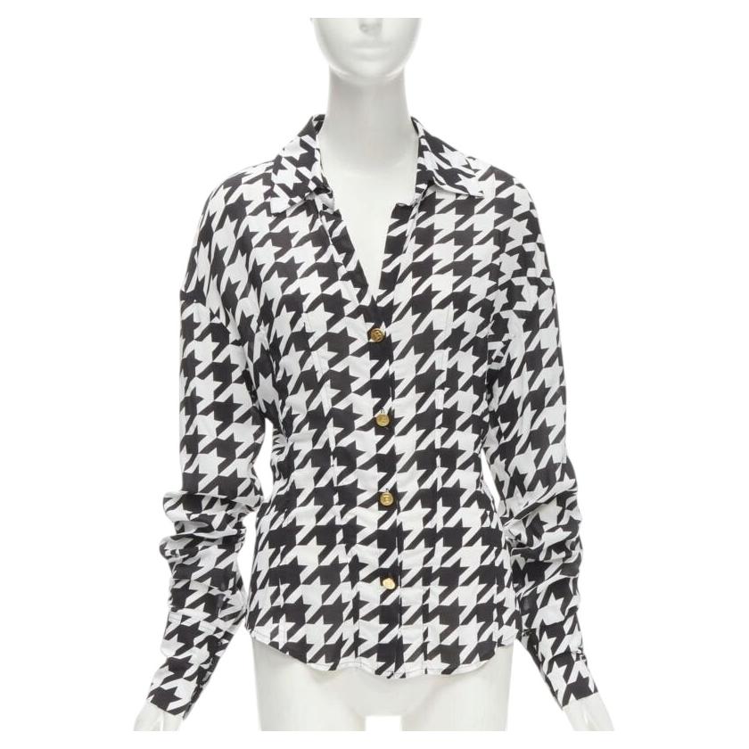 Pre-owned Balmain Black White Houndstooth Viscose Gold B Button Long Sleeve Blouse Fr38 S
