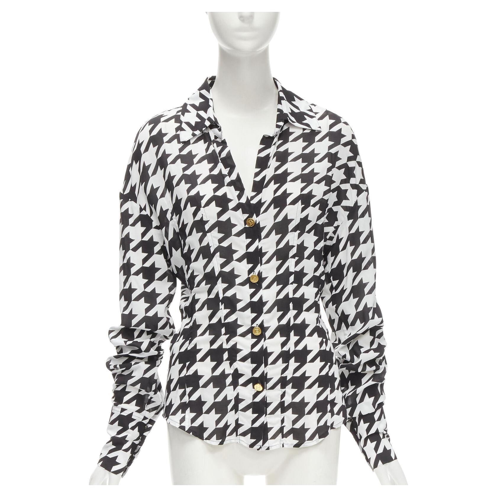 BALMAIN  black white houndstooth viscose gold B button long sleeve blouse FR38 S For Sale