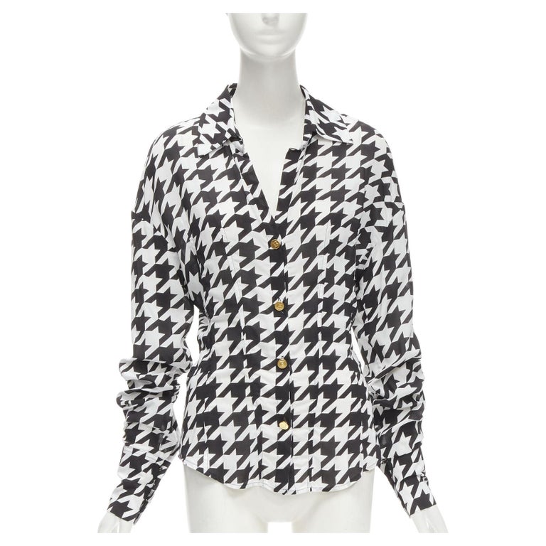 BALMAIN black white houndstooth viscose gold B button long sleeve 