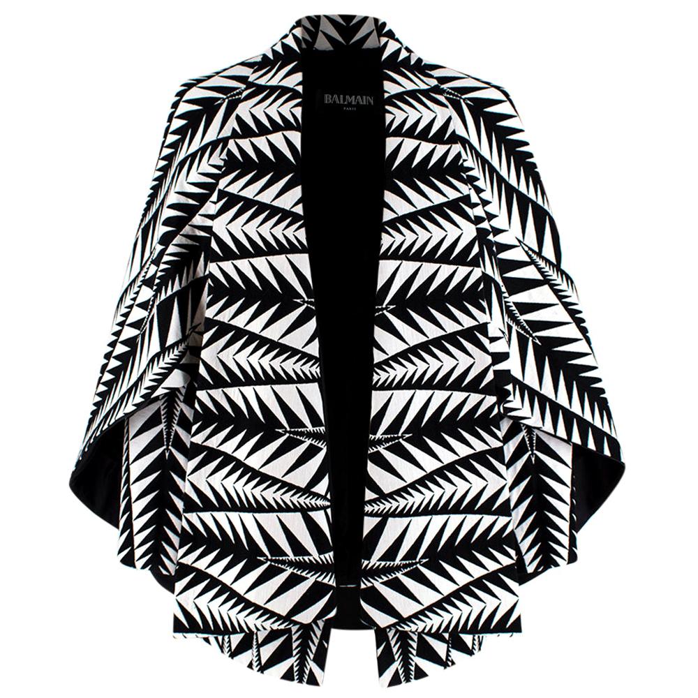 Balmain Black & White Jacquard Cape Coat  - Size US 4