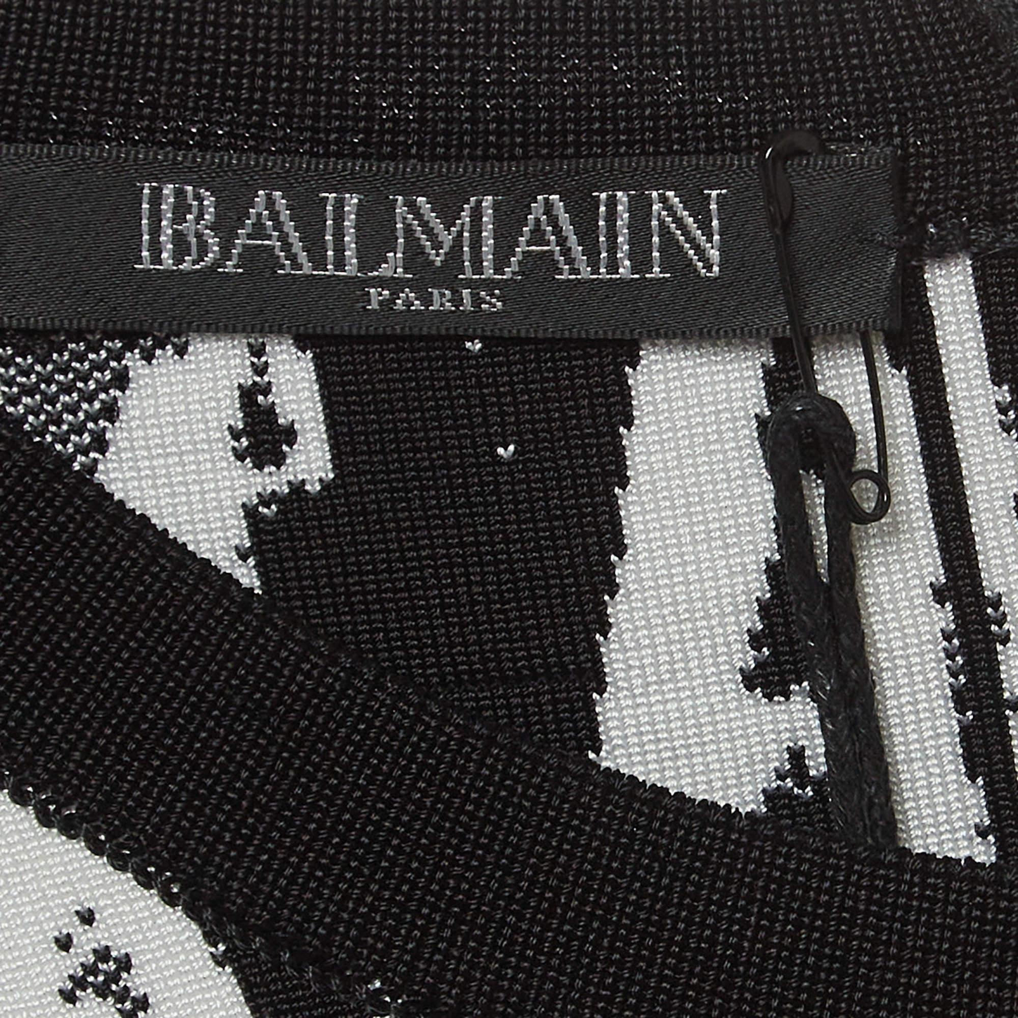 Balmain Black/White Jacquard Knit Mini Bodycon Dress M Pour femmes en vente