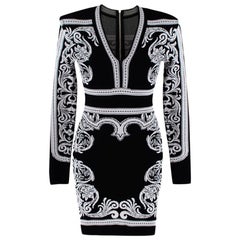 Balmain Black & White Knit Long Sleeve Baroque Print Dress - Size US 0-2