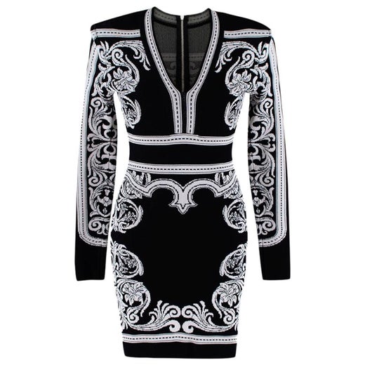 Balmain Black and White Knit Long Sleeve Baroque Print Dress - Size US 0-2  For Sale at 1stDibs | balmain black and white dress, balmain black and white