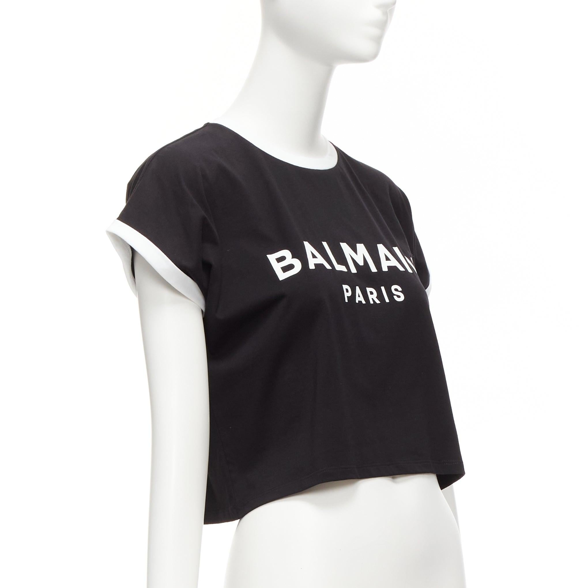 Black BALMAIN black white logo cap short sleeve ringer cropped tshirt XXS For Sale