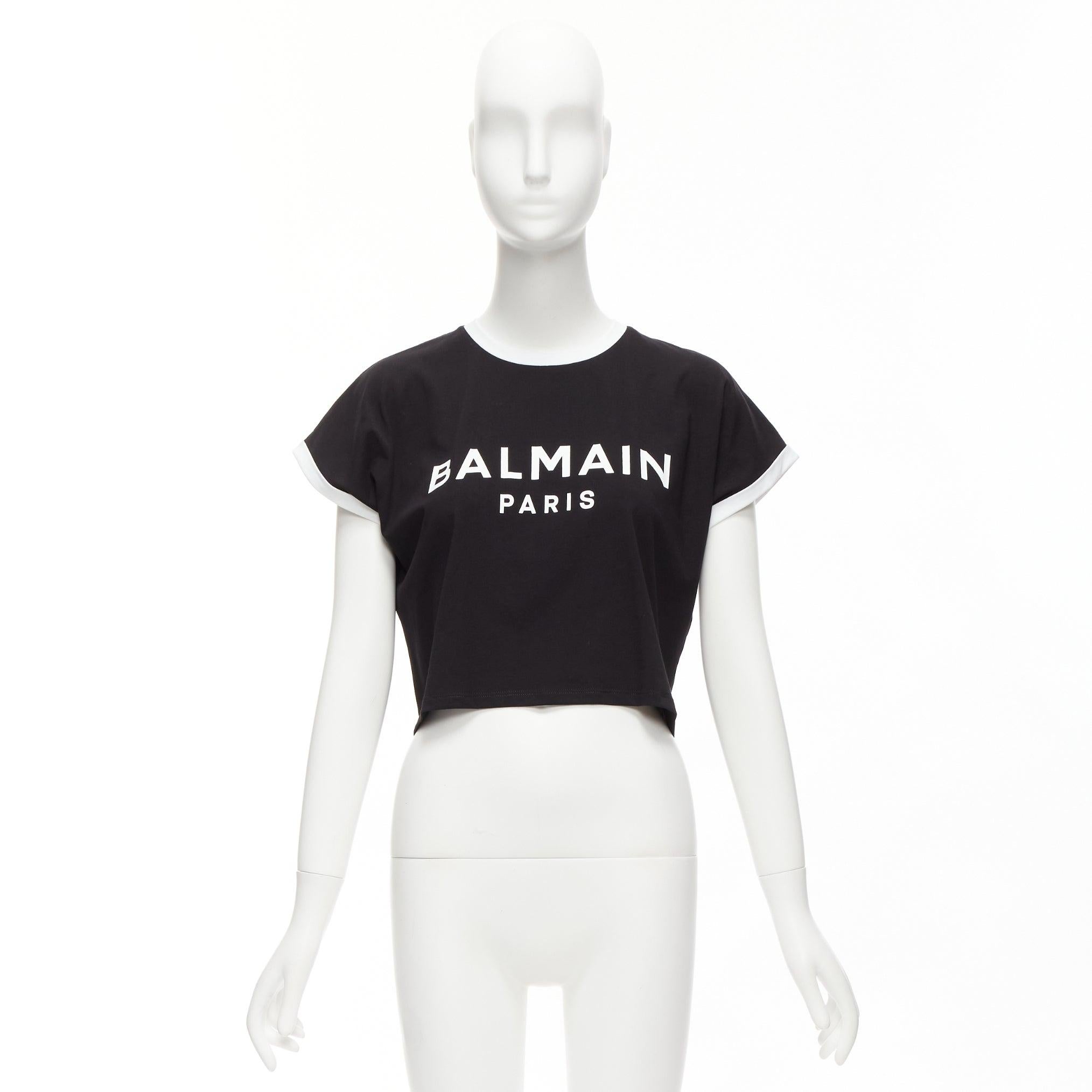 BALMAIN black white logo cap short sleeve ringer cropped tshirt XXS For Sale 5