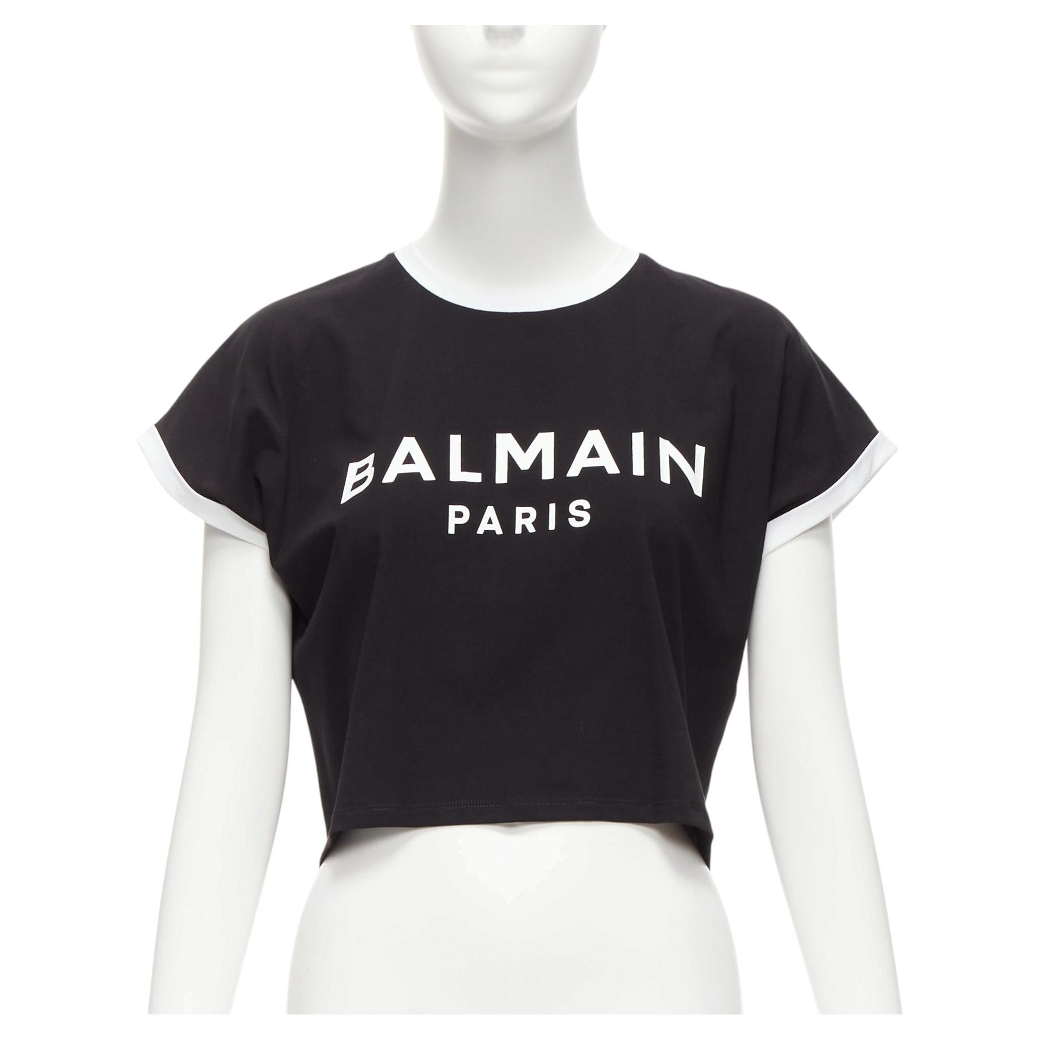 BALMAIN black white logo cap short sleeve ringer cropped tshirt XXS For Sale