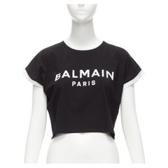 BALMAIN black white logo cap short sleeve ringer cropped tshirt XXS