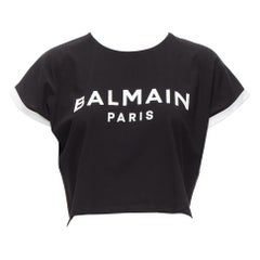 BALMAIN black white logo cap short sleeve ringer cropped tshirt XXS