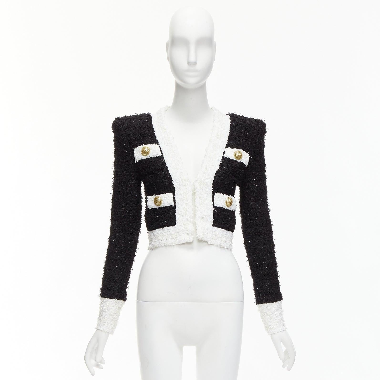 BALMAIN black white metallic tweed 4 pockets cropped blazer jacket FR34 XS For Sale 5