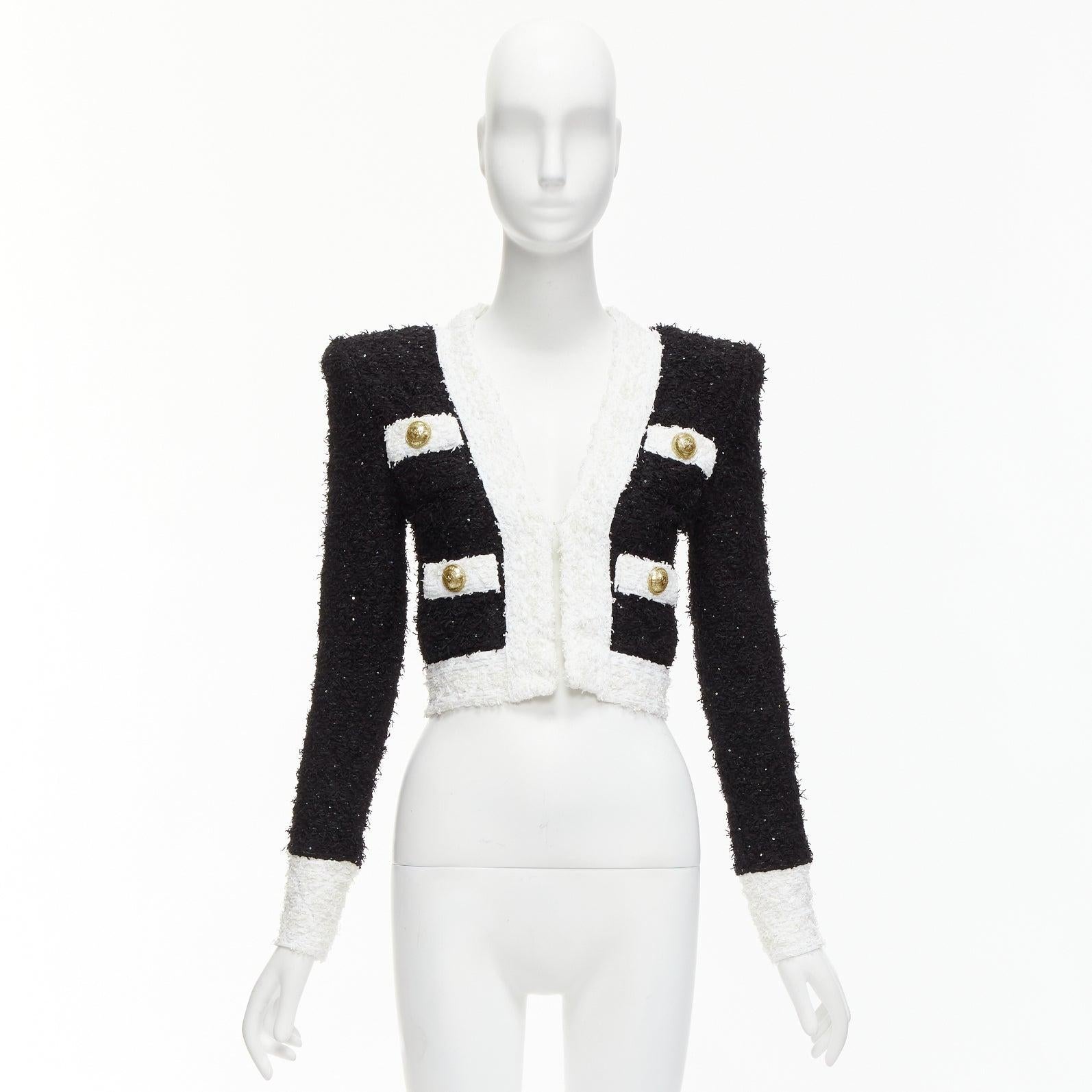 BALMAIN black white metallic tweed 4 pockets cropped blazer jacket FR34 XS For Sale 6