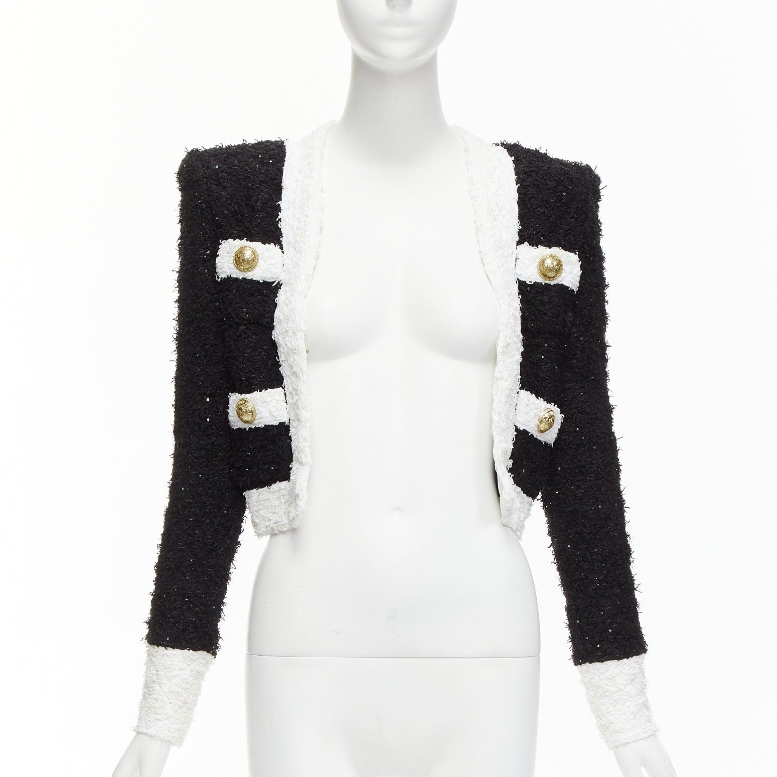 Black BALMAIN black white metallic tweed 4 pockets cropped blazer jacket FR34 XS For Sale