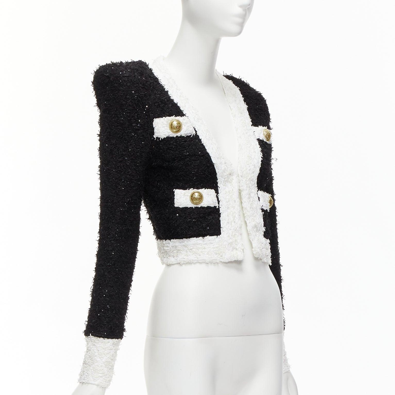 Women's BALMAIN black white metallic tweed 4 pockets cropped blazer jacket FR34 XS For Sale