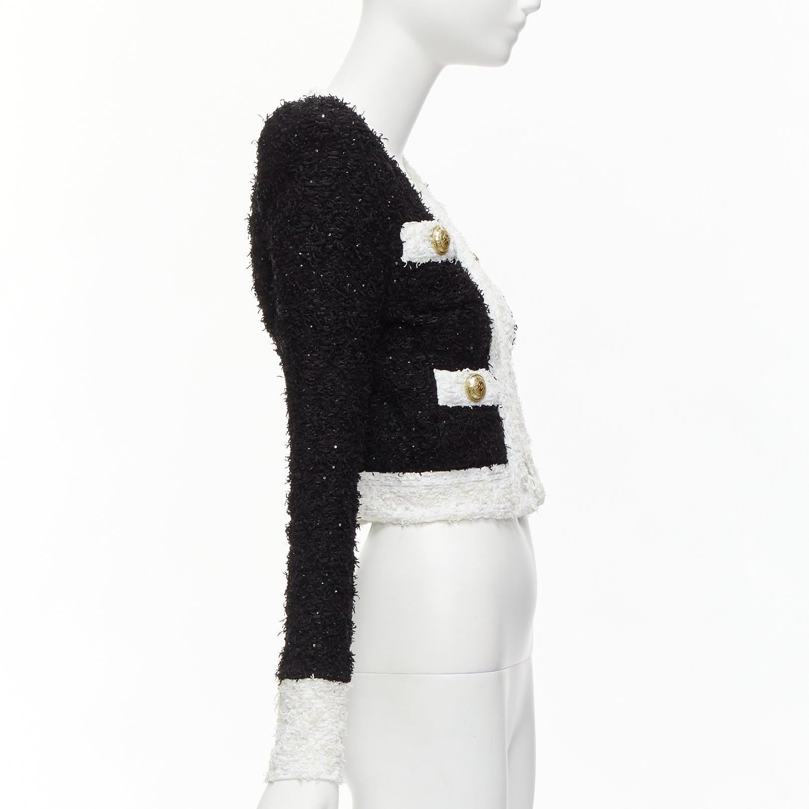 Women's BALMAIN black white metallic tweed 4 pockets cropped blazer jacket FR34 XS For Sale