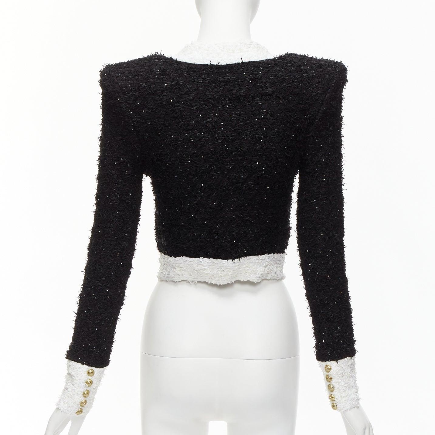 BALMAIN black white metallic tweed 4 pockets cropped blazer jacket FR34 XS For Sale 1