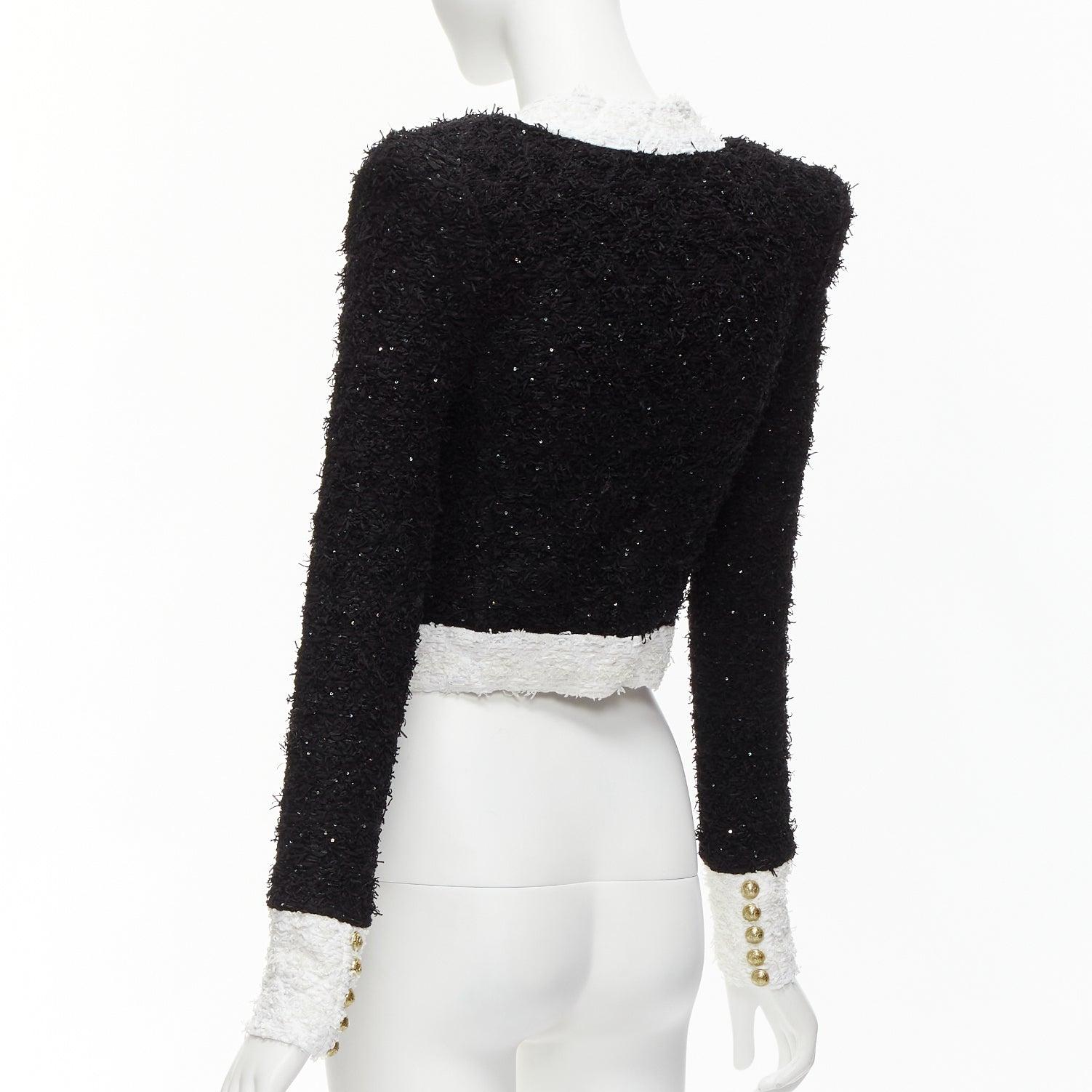 BALMAIN black white metallic tweed 4 pockets cropped blazer jacket FR34 XS For Sale 2
