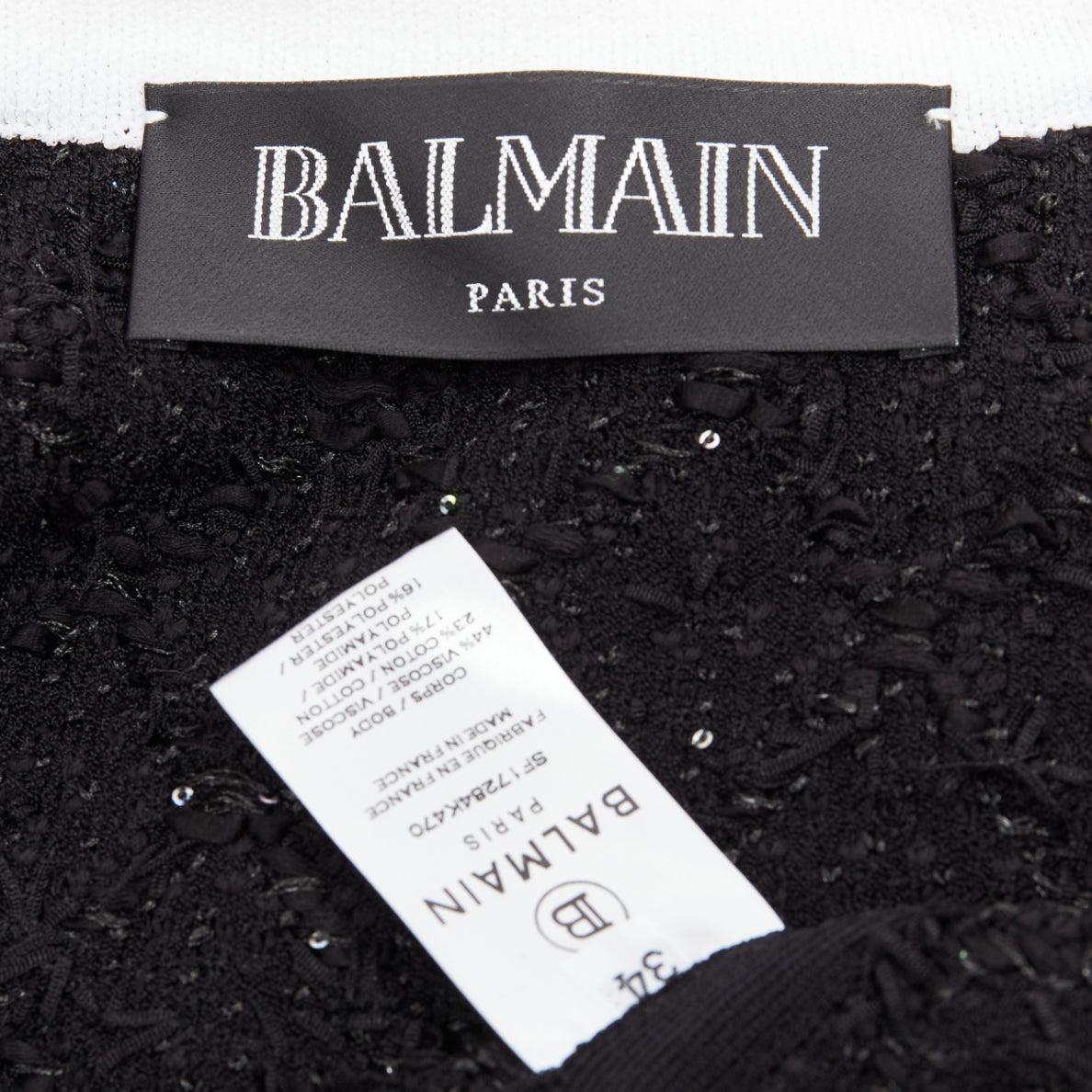 BALMAIN black white metallic tweed 4 pockets cropped blazer jacket FR34 XS For Sale 4