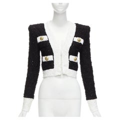 BALMAIN black white metallic tweed 4 pockets cropped blazer jacket FR34 XS