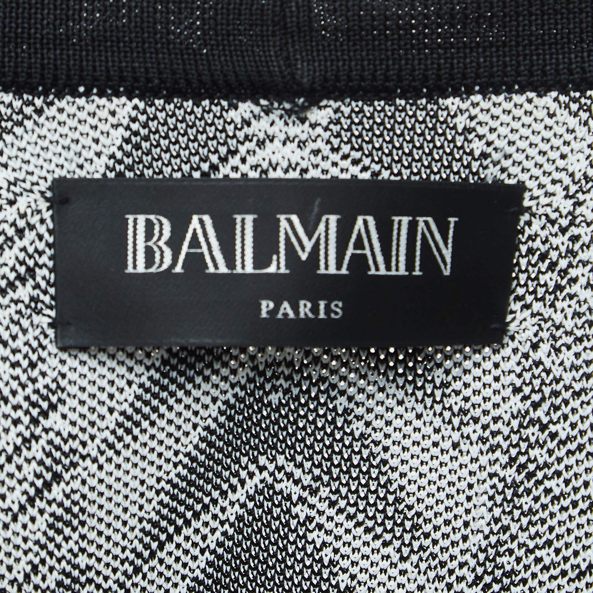 Noir Cardigan Balmain à motifs noirs et blancs ouvert sur le devant L en vente