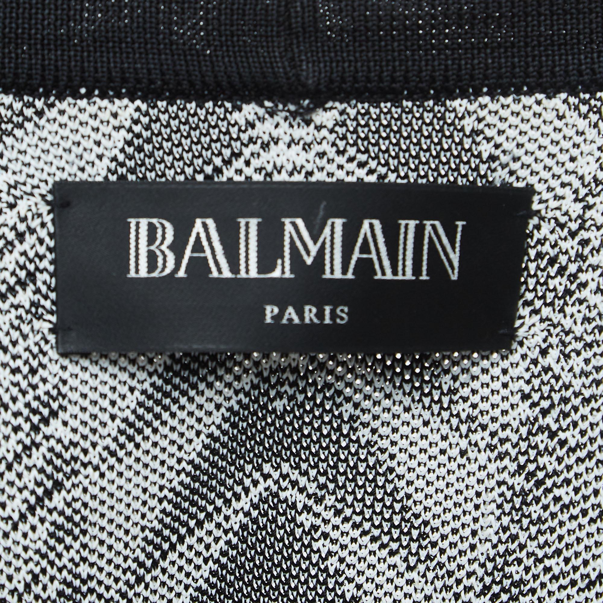 Women's Balmain Black/White Patterned Knit Open Front Cardigan L For Sale